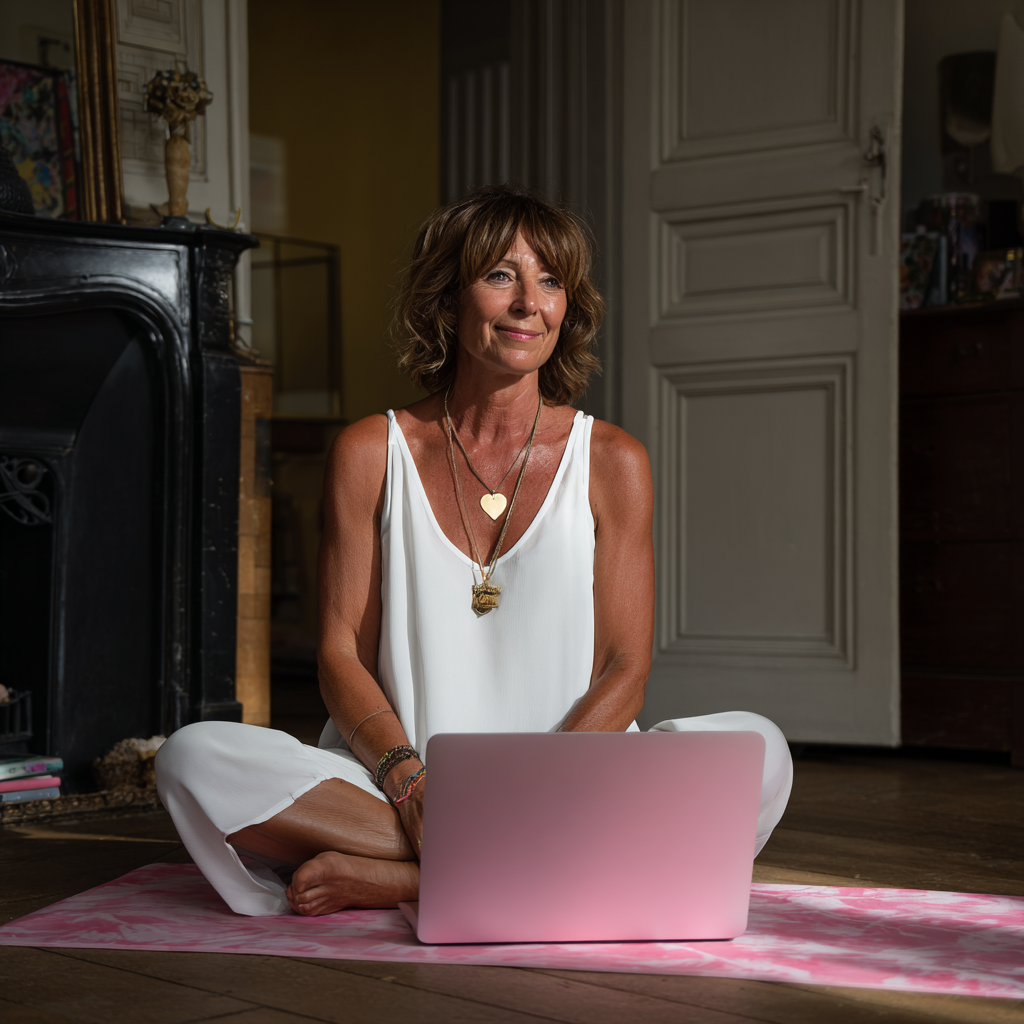 Femeie în vârstă de 52 de ani practicând yoga acasă pe saltea roz, urmărind o sesiune online pe laptop, zâmbind relaxat