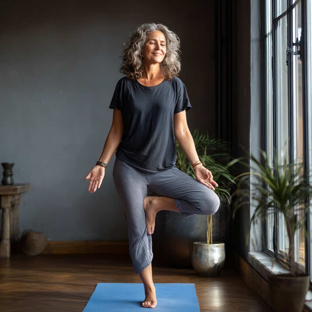 Cuplu în vârstă de aproximativ 55 de ani practicând yoga împreună pe saltele albastre, într-o poziție de echilibru, zâmbind unul către celălalt